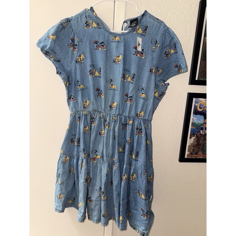 Disney Parks Her Universe Mickey & Pluto Chambray Tiered Dress NWT Women's Large